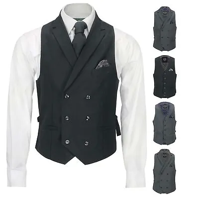 Mens Smart Casual Grey Black Double Breasted Collar Waistcoat Formal Fitted Vest • $37.29