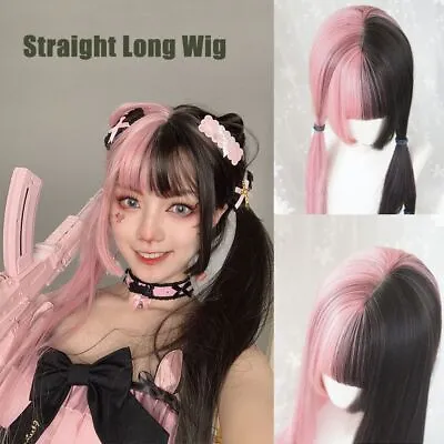 Goth Style Hair Double Color Toupee Long Straight Hair Black&pink Wig Lolita • £13.40