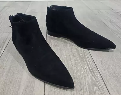 MIU MIU Black Suede Mod Pointed Toe Flat Ankle Boots 38/7.5M • $119