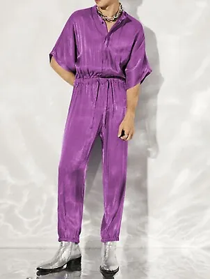 Incerun Mens Shiny Rose Pink Purple Jumpsuit Medium Drawstring Waist Skuj40630 • $28