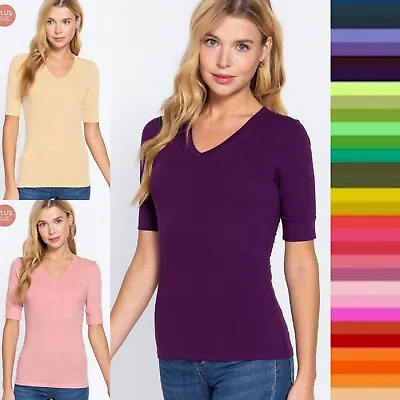 1XL 2XL 3XL Women's 3/4 Sleeve V-Neck T-shirt Soft Stretch Cotton Basic Tee Top • $12.95