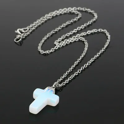 $6.99 • Buy Quartz Stone Crystal Cross Silver Necklace Pendant Healing Chakra Cross Stone