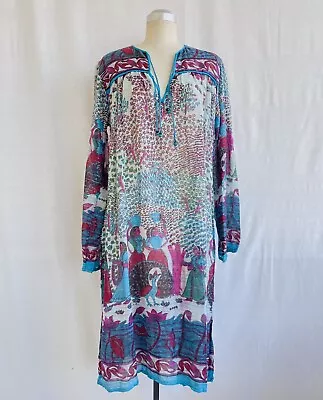 Rare Vintage 70's Indian Cotton Gauze Block Print Bohemian Lurex Thread Dress • $143.53