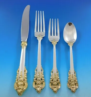 Grande Baroque Gold Accent By Wallace Sterling Silver Flatware For 12 Set 54 Pcs • $3555