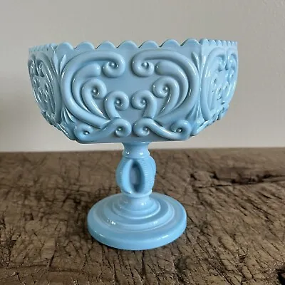 Antique Atterbury Blue Milk Glass Scroll Pedestal Fruit Compote Serving Bowl • $59.97