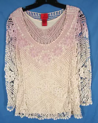 V CRISTINA Top/Blouse PURPLE/IVORY Long Sleeve FULL LACE OVERLAY Floral Sz M • $6.40