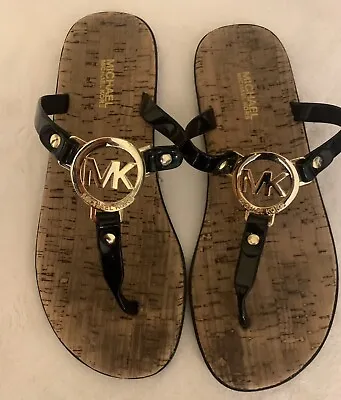 Michael Kors Womens Black Jelly Thong Cork Footbed Gold MK Slide Sandals 6M • $24.99