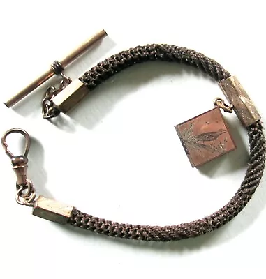 Victorian Mourning HAIR Braided Watch Chain & Fab Etched Bird Locket Watch Fob • $79.99