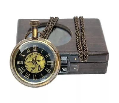  Antique Vintage Style 2  Marco Polo Brass Pocket Watch Fob Wooden Box Gift  • $32.30