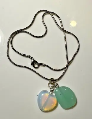 Vintage Heart White Green Opal Glass Pendant Charm Silver Tone 16  Necklace DA5 • $26.09