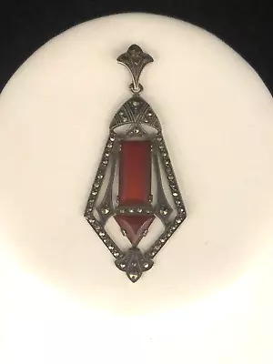 Vintage E.I.F. & Co. Art Deco Sterling Silver Marcasite Carnelian Pendant • $19.99