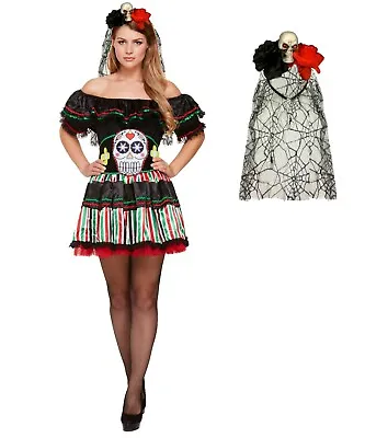 Adult DAY OF THE DEAD COSTUME Halloween Skeleton Sugar Skull Fancy Dress Ladies • £19.03