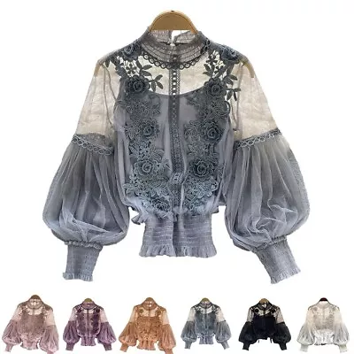 High Quality Women Blouse Tops Inelastic Lace Puff Spring Summer Vintage • $37.90