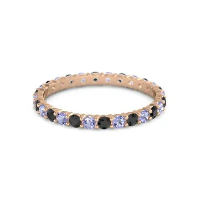 Round Eternity Band Black Spinel Tanzanite 925 Sterling Silver Rose Plated Ring • £58.88