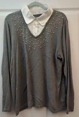 Quacker Factory Top Large Gray Long Sleeve Shirt Pearl Embellishment Collard • $10.99