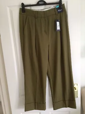 £12 • Buy M&S Straight Leg Ankle Grazer Trousers Size 14 Moss Green Cuffed Hem Pleat Front