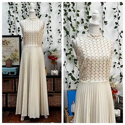 Vintage 60s 70s Maxi Hostess Dress White Cream Shimmer Sleeveless Mock Neck S/M • $54.99