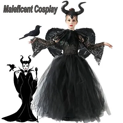 5Pcs Set Kids Maleficent Cosplay Costume Dress Headband Girl Halloween Outfit AA • £11.99