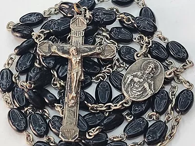Vintage Catholic Rosary Black Acrylic Cross Beads Crucifix Sacred Heart Scapular • $18.99