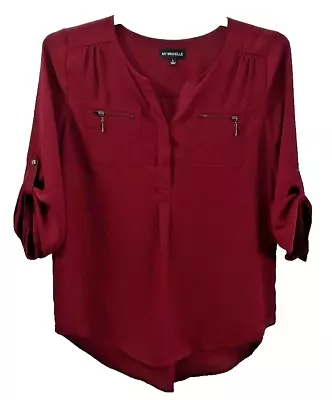 MY MICHELLE Women's Size L Burgundy V-Neck 3/4 Roll Tab Sleeve Zip Pockets Top • $10.99