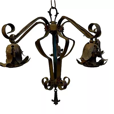 Antique Twisted Flat Iron & Brass Floral 5 Light Arm Chandelier 20”d + Canopy • $195.49