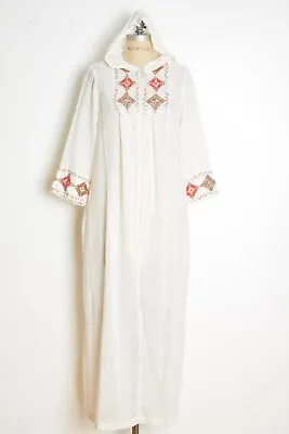 Vintage 70s Lounge Dress Nightie Gauze Embroidered Hippie Boho Maxi Hood M L • $48