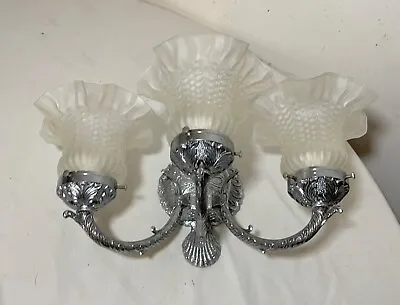 Vintage Ornate Silver Chrome Metal Spanish Glass Electric Wall Sconce Fixture • $179.99