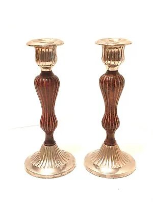 Brass And Wood Candlesticks Mid-Century Modern Retro 7-1/2” Tall Pair Vintage  • $23