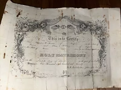 Antique 1870 Enfield Maine ME Marriage Certificate Messer New England Genealogy • $39