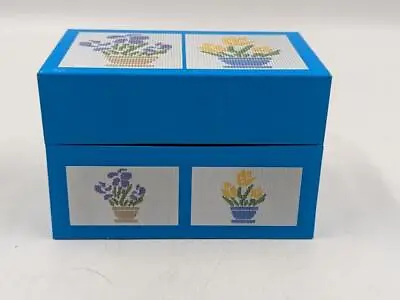 Vintage Tin Recipe Box Blue Cross Stitch Floral - Syndicate Mfg. - Metal Storage • $14.99