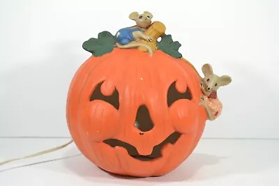 Vintage 1980s Halloween Ceramic Pumpkin Jack O Lantern Mice Light Up 9  Tall • $34.95