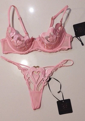 $199 • Buy  Brand New Honey Birdette Pink Heart Bra 12B & Thong  Size Small 
