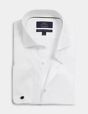 M&S SARTORIAL Tailored Fit Pure Cotton Herringbone White Shirt 14.5  • £45