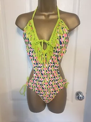 New Multicoloured Low Plunge Sexy Fringed Cutout Padded Swimming Costume Uk 8 • £4.50