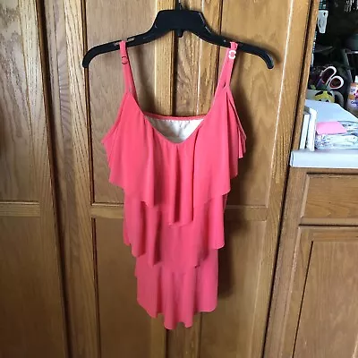 Magicsuit Rita Ruffle Tankini Top Samba Orange Solid Tiered Padded Cups Size 14 • $22.49