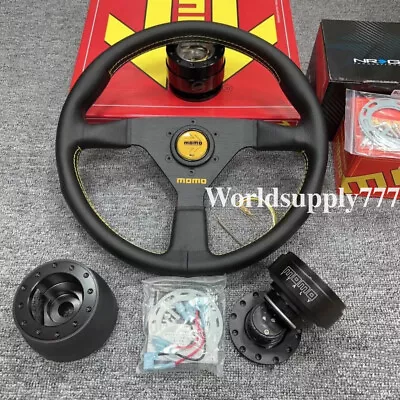 MOMO Veloce Racing V1 350mm Genuine Leather Sport Steering Wheel Yellow Button • $99