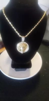 Mighty Lion Mens Iced Cz Round Pendant 24  Chain 14k Gold Plated Hip Hop Jewelry • $3.95