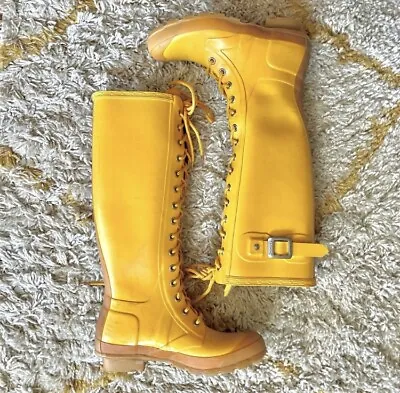 Hunter Watling YELLOW Gloss Lace Up Rain Boots U.S. Women's Size 6/ Men's Size 5 • $74.99