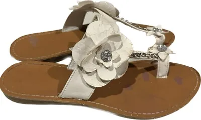 Vtg Bamboo White Flower Rhinestone Sandal Flip Flop Thong Beach Pool Swim Summer • $12