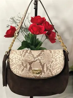 MICHAEL KORS Bedford Embossed Python Brown Suede Shoulder Handbag • $85.49