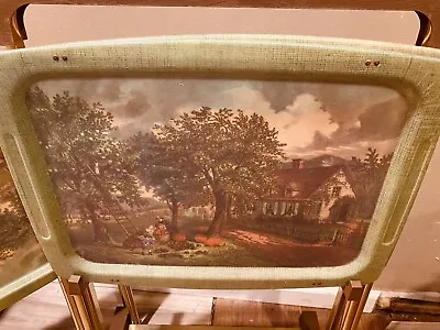VTG TV Trays Currier & Ives Prints Homestead  Seasons 4 Pc Set W/Wheeled Stand • $100