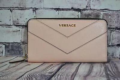 Nib Versace Wallet Zip Around Vitello Nude Pink Chevron Leather Dpdh592s Italy • $179.99