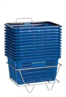 Shopping Baskets Set Of 12 Blue  Durable Break Resistant Plastic W/ Metal Stand • $120.95