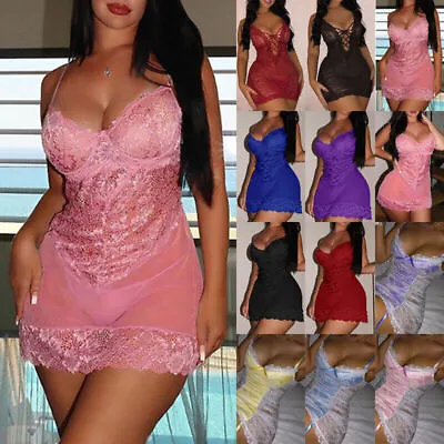 £2.27 • Buy Womens Sexy Lace Sleepwear Lingerie Babydoll Nightwear Robe Nightdress Plus Size