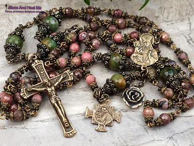 St Anne Anthony Rhodonite Ruby Fuchsite Vintage Bronze Ornate Rosary • $167