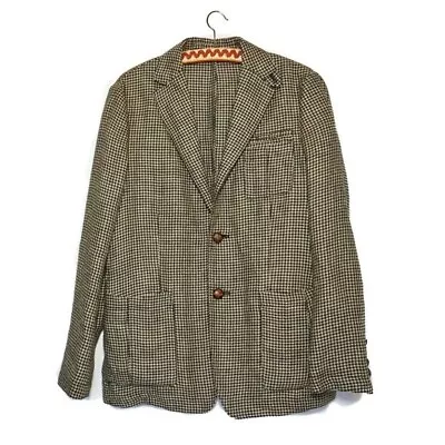 Meindl German Linen Tan Beige Houndstooth Country Blazer Suede Trimmed Size M • $165