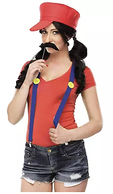 Red Video Game Gal Kit Halloween Costume Hat Mustache Suspenders Ages 15+ New • $9.97