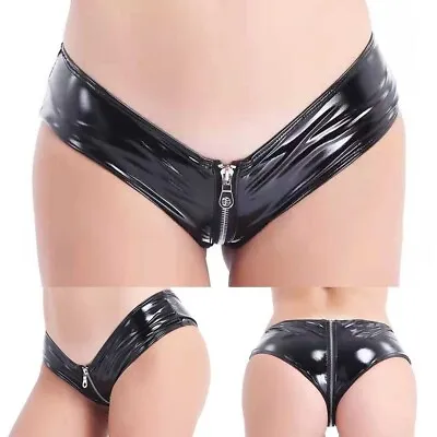 Womens Zip Crotch Panties Briefs PVC Micro Shorts Low Waist Underwear Clubwear • £11.23