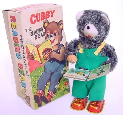 1950s ALPS TOYS JAPAN 7  TIN WIND-UP CUBBY THE READING BEAR WORKS! MINTY! BOXED! • $34.97