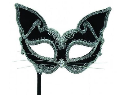 £14.22 • Buy Black & Silver Cat Masquerade Ball Mask On Stick Ladies Fancy Dress Costume